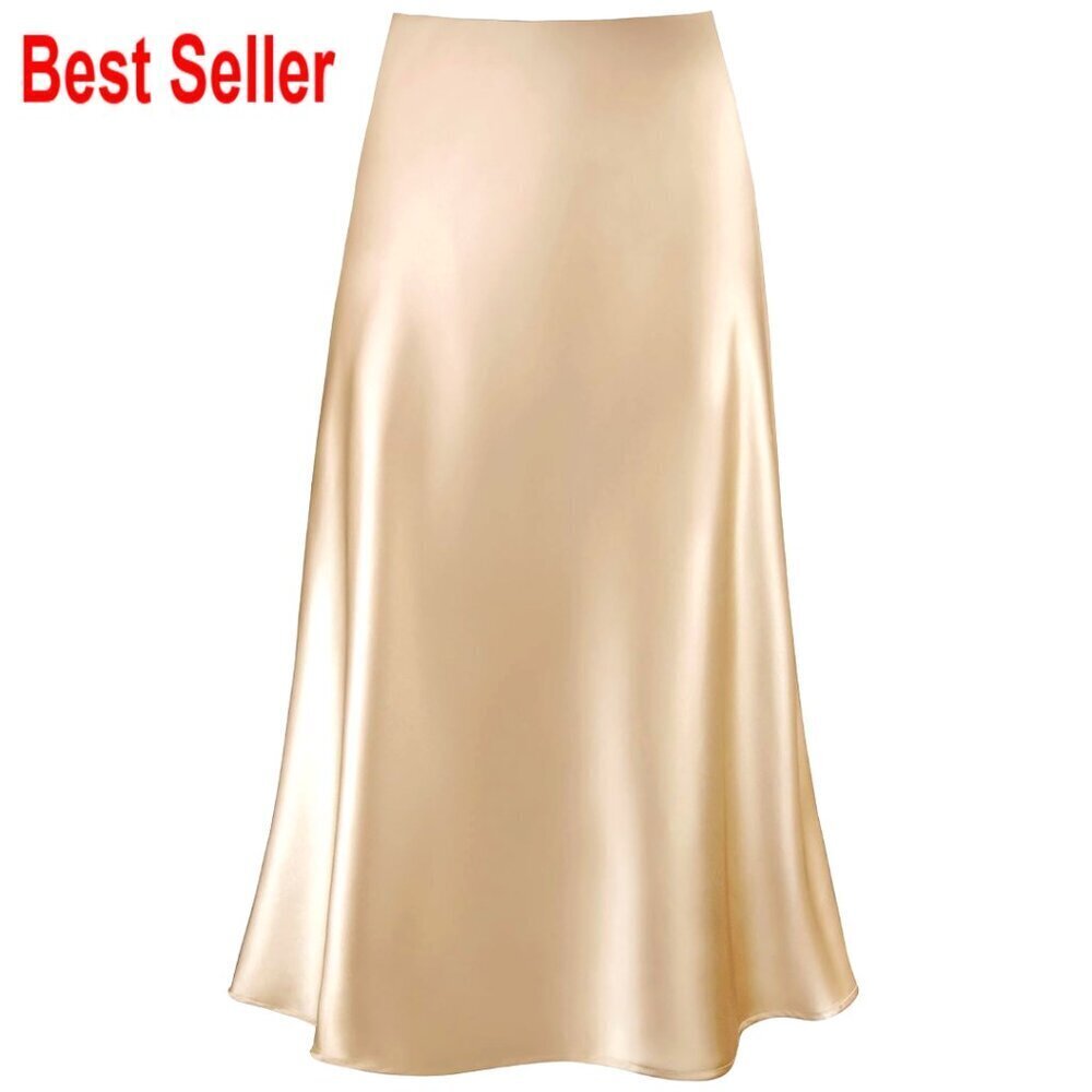 Satin High Waist A-Line Midi Skirt with Elastic Waistband, Flared Hem